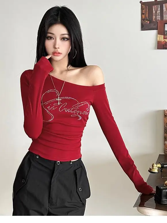 WEIRD PUSS ey Lettre Long Sve oulder Bared T irt Femmes Casual Polyvalent Minceur Base Couche irt Coton Polyester...