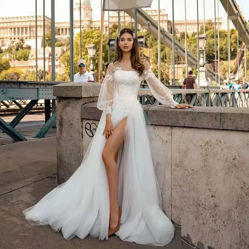 

Scoop See Through Top Wedding Dress Appliques Flowers Long Sleeve Slit Pleats Buttons A-Line Bridal Gowns Vestido De Noiva