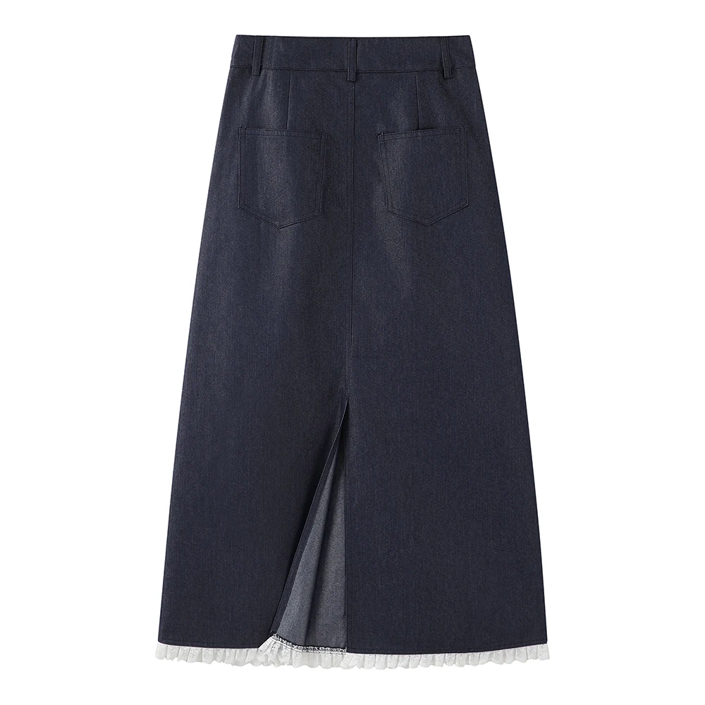 

High Waist Denim Skirt Blue Lace Trim Design Splicing Spring Summer Slimming A-Line Korean Sle Commute Xinmon Quali