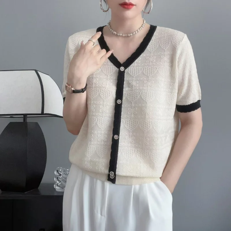Ice Jacquard-Pull à col en V pour femme, T-shirt à manches courtes, Haut fin, Patchwork à panneaux, Tricot à boutons, Fil à vis, Mode estivale