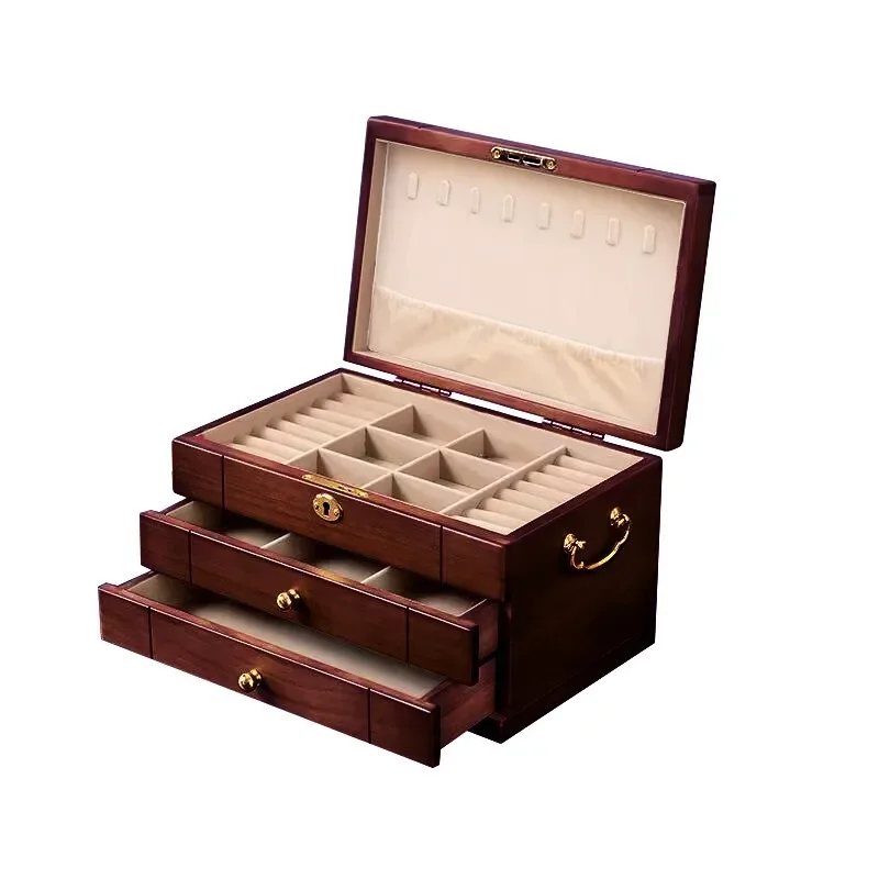 Caja de joyería Retro de madera, organizador de pendientes, soporte de exhibición para collares, soporte para anillos, cajas de almacenamiento con cerradura, caja de baratijas de madera maciza