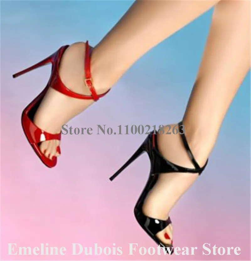 Red Black Patent Leather Sandals Emeline Dubois Open Toe Straps Cross Stiletto Heel Party Dress Shoes Big Size Club Heels