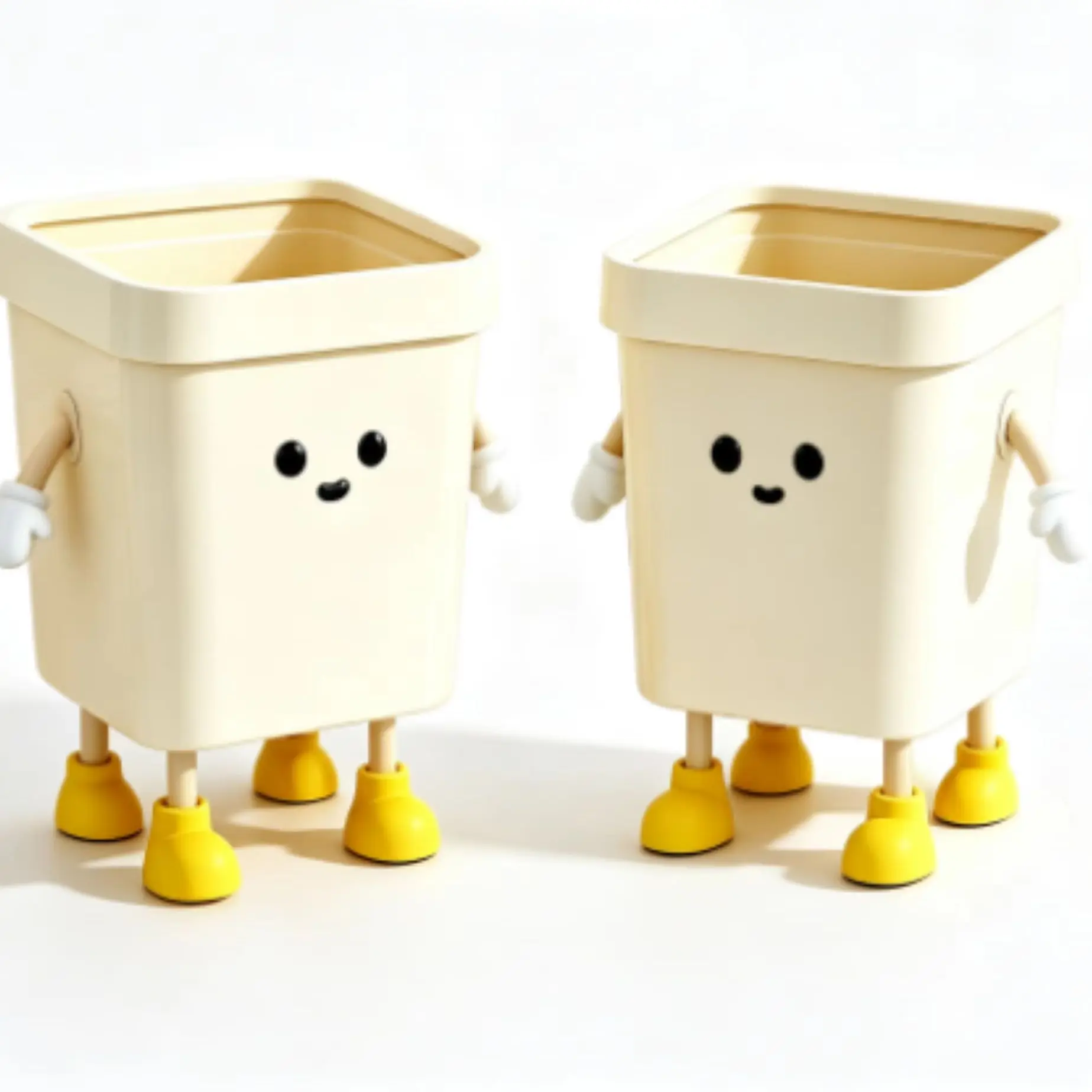 2 Pack 16L Cute Standing Character Trash Can with Press Ring, Kawaii Tall Square Waste Bin, Cartoon Garbage Bucket for Kitchen, Living Room & Bedroom