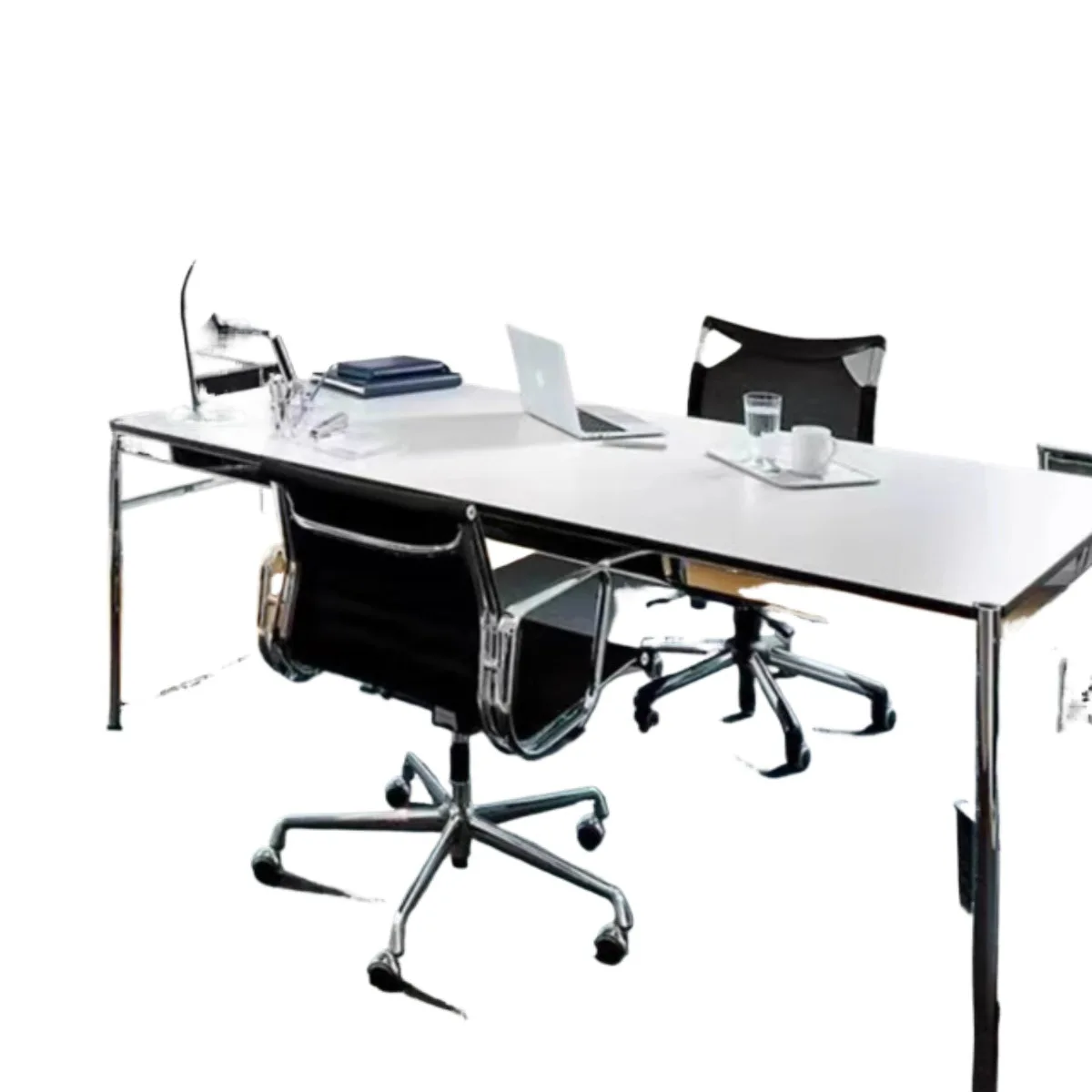 مكتب كمبيوتر من القرون الوسطى بأرجل من الفولاذ المقاوم للصدأ ومؤتمرات مستطيلة وطاولة كتابة بسيطة