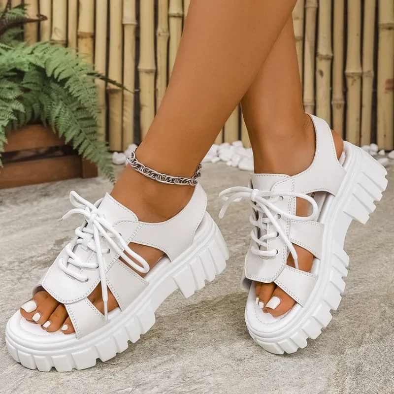 

2026 New Ladies Shoes Lace-up Women's Sandals Fashion Open Toe Casual Summer Hollow Out Plus Size Concise Platform Sandals