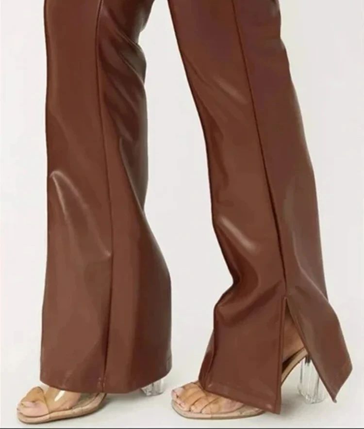 Damen High-Waist Vintage Matte Kunstleder-Hose, Figurbetonte Braune Stretch-PU Slim-Hose mit Seitenschlitz, Neue Maßanfertigung