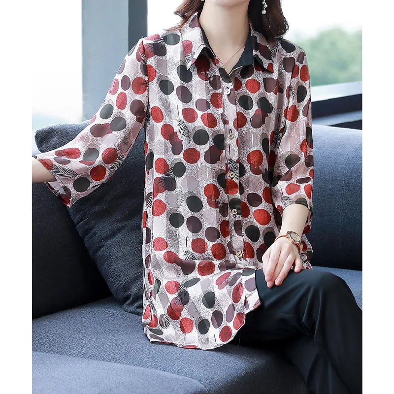 Summer New Women\'s All-match Polo-Neck Chiffon Shirt Female Clothing Fashion Single-breasted Casual Polka Dot Printed Blouse