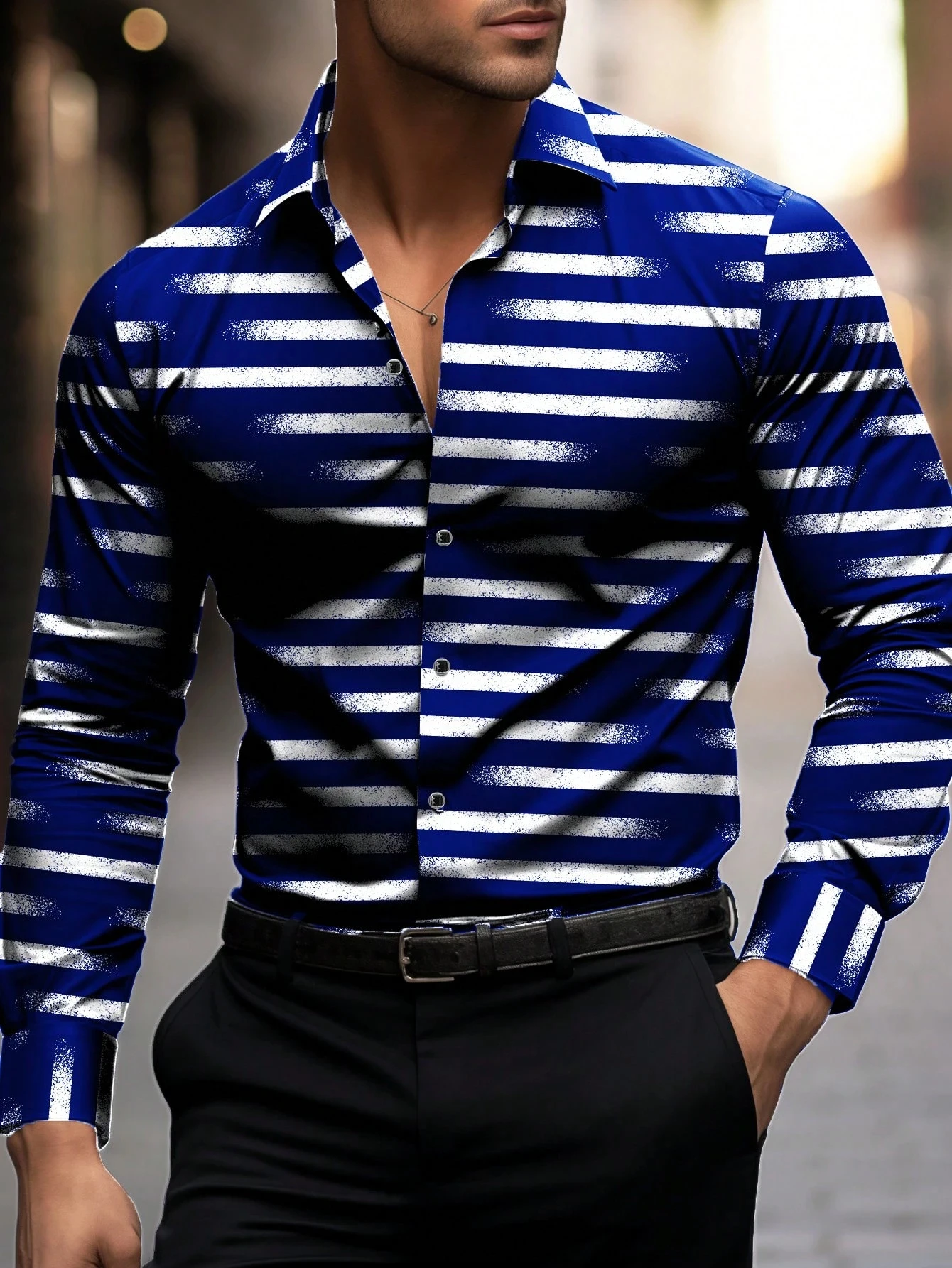 Holiday Men's Long-Sleeve Shirt with Irregular Geometric Stripe Print, Button-Down Opener, Party Wear, Casual Wear