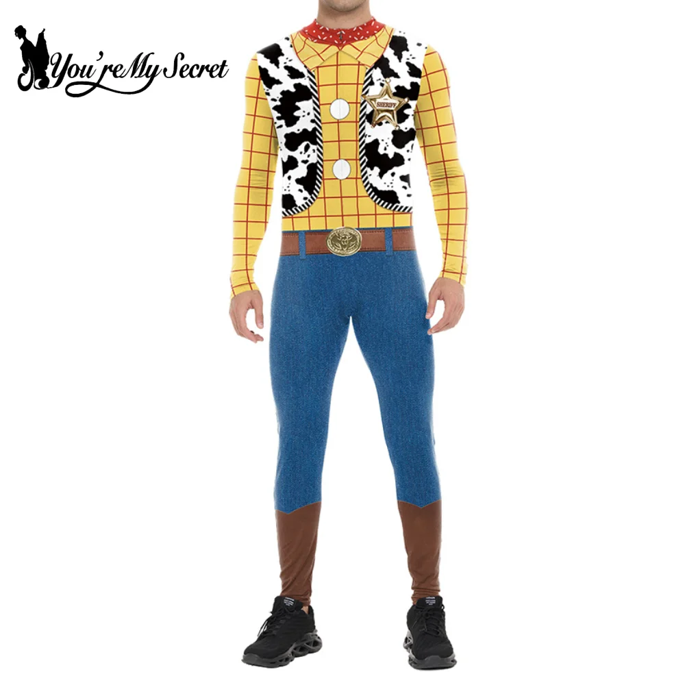 [You're My Secret] Men Woody Cosplay Bodysuit 3D Print Cowboy Cosplay Costume Front Zipper Jumpsuit Halloween Rave Party Outfit view 2
