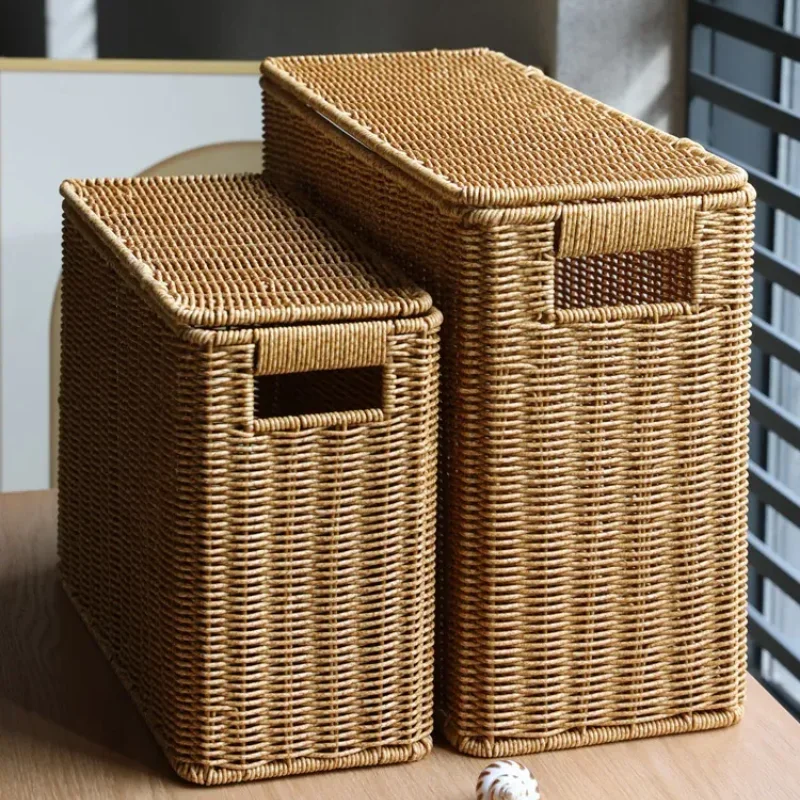 Wicker Storage Baskets Rectangular Woven Shelf Baskets Rattan Storage Bins Laundry Hamper Magazine Basket Narrow Stylish Design