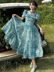 2024 Summer French Vintage Midi Dress Women Short Sleeve Design Beach Even Party Dress  Korean Ruffle One Piece Clothing