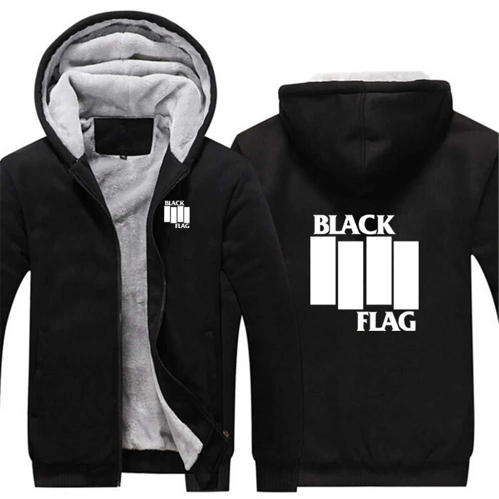 

2024 Autumn Winter Men Black Flag Logo Print Trendy Cardigan Zipper Cold Prevention Warm Long Sleeve Patchwork Thickened Hoodies
