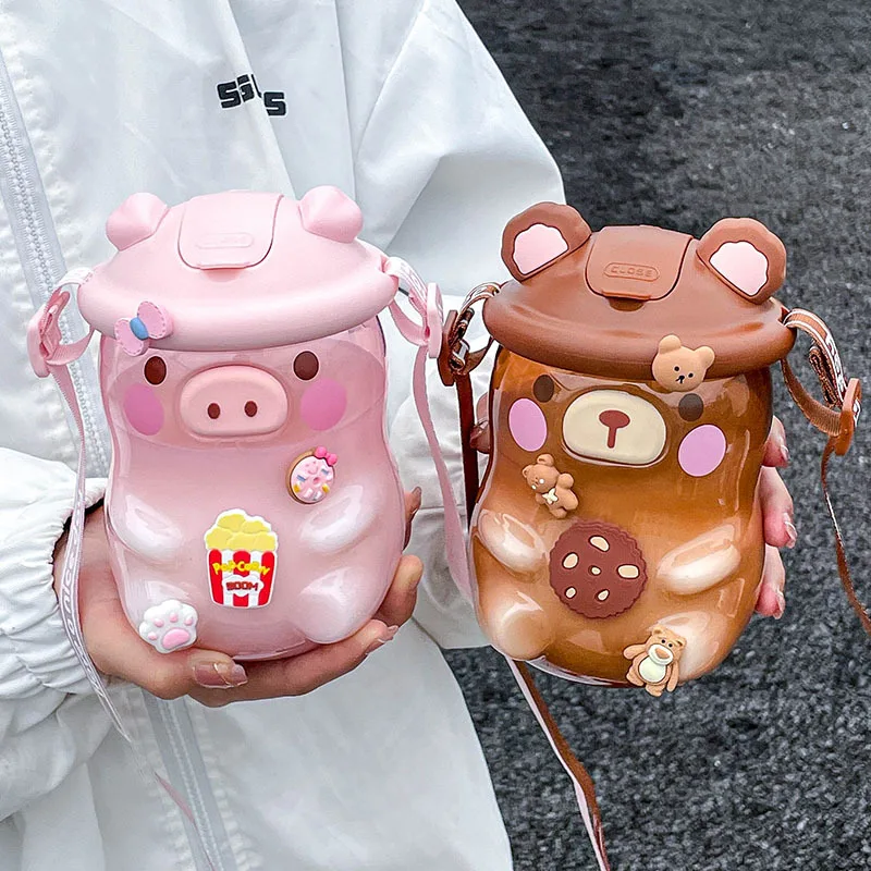 Kawaii Water Bottles Piggy Water Cup Cute Girl High Temperature Resistant Cup Straw Children Plastic Water Bottle Best gift