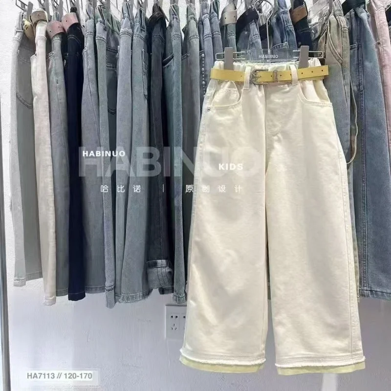 

Girls Jeans Spring and Autumn New Korean Fashionable Loose Straight Trousers Large Children's Casual Wide Leg Pants 5-15Years