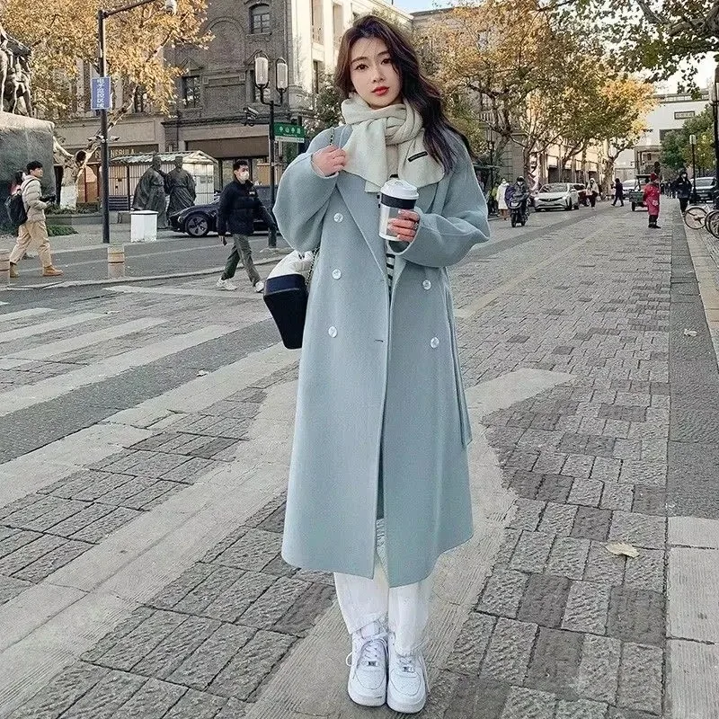 

Retro Double Breasted Long Wool Coat For Women 2024 Winter Turn-down Collar Windbreaker Loose Chic Design Woolen Coats Female