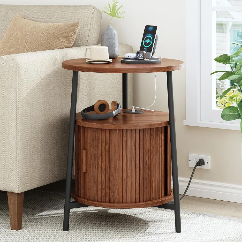 

Round Side Table with Storage, Fluted Nightstand with Charging Station, Small Mid-Century Modern Bedside Tables, Walnut