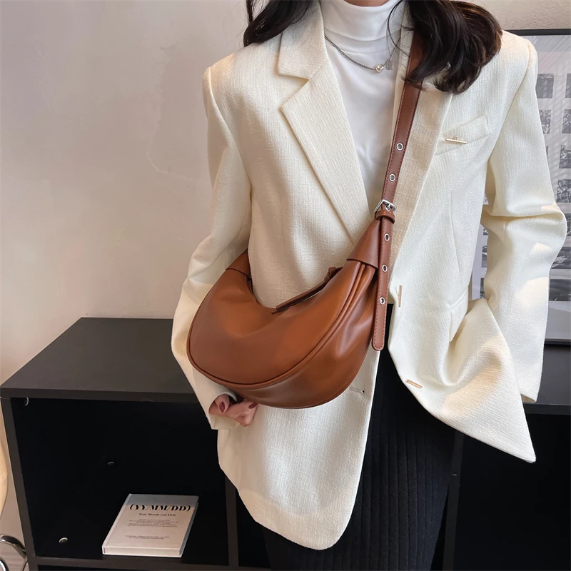 MOODS Half Moon Hobo Bags For Women 2023 Latest Luxury Designer Handbag Soft PU Leather Pure Color Shoulder Crossbody Armpit Bag