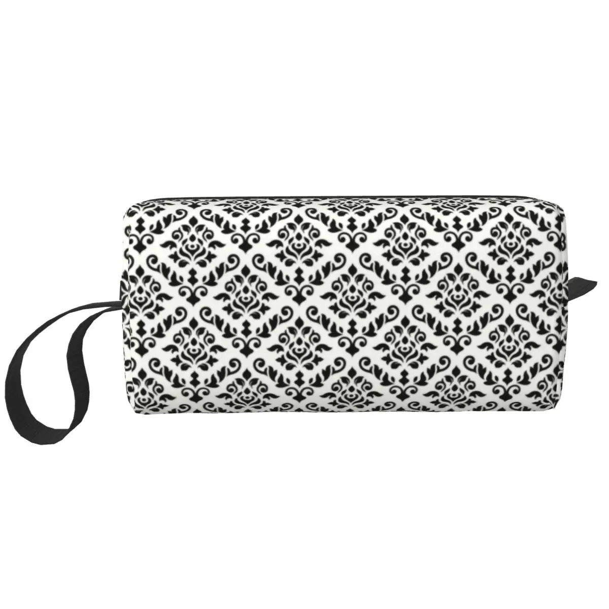 

Damask Baroque Repeat Pattern Black On White Toiletry Bag Portable Floral Makeup Cosmetic Organizer Beauty Storage Dopp Kit Box