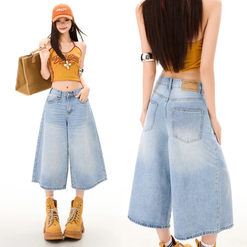 

Summer Brand Clothing Women's Denim Cropped Pants Fashionable Girls Popular Straight Leg Loose Light Blue Jeans College Students