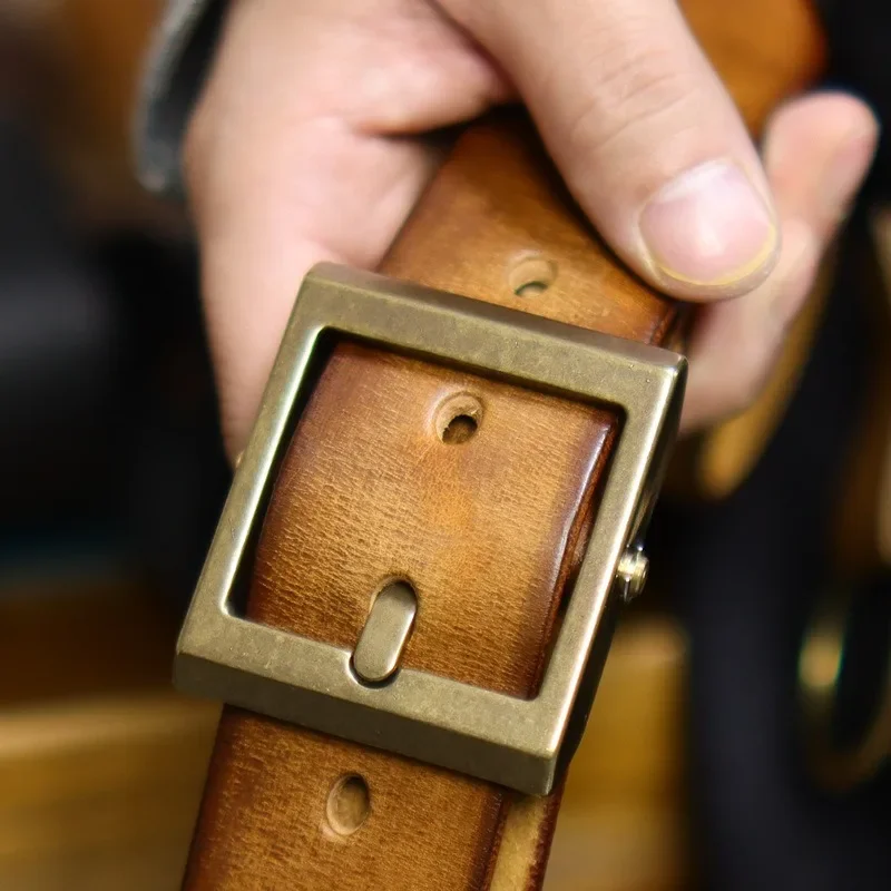 Handcrafted Antique Style Genuine Cowhide Leather Belts with Distressed Brass Buckle Durable Belt 38mm Width