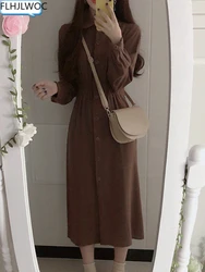 Vintage Dresses Long Autumn Winter Basic Wear Women Slim Waist A Line Beige Brown Button Shirt Dress Korea Style Design 8025