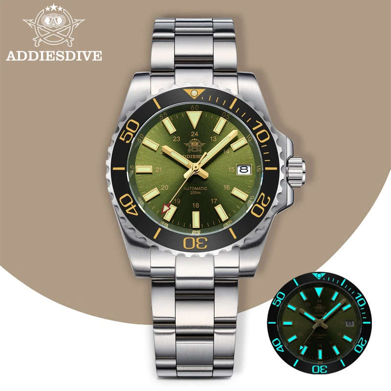 ADDIESDIVE Męski Zegarek 8215 Mechaniczny Szafirowy Świecący Zegarek Nurkowy 200m Ceramiczny Bezel Automatyczny Zegarek Prezent AD2504
