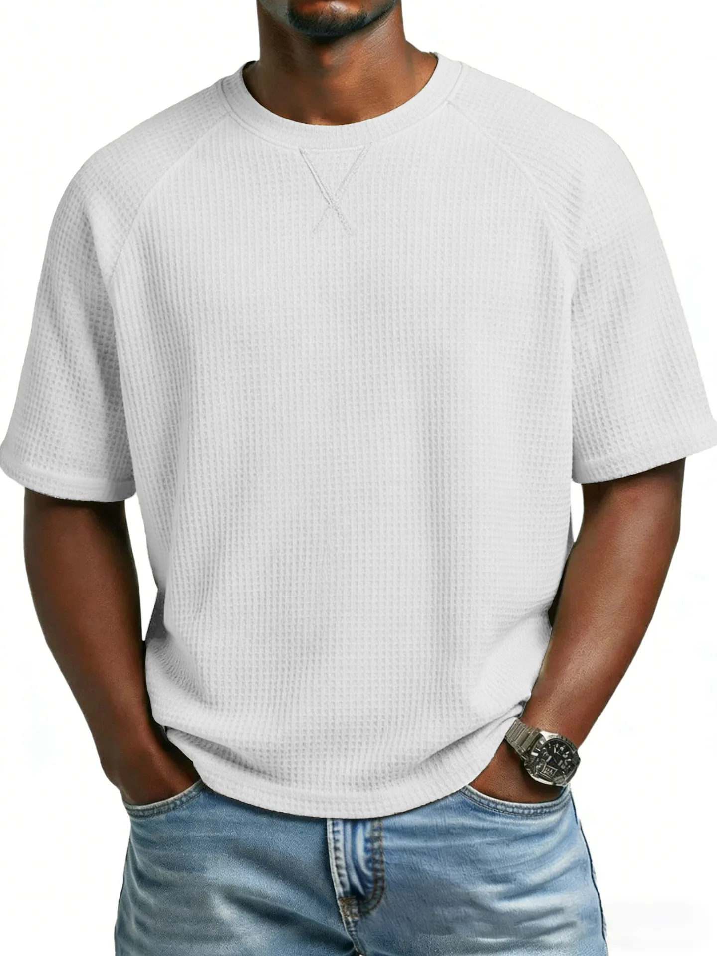 2026 Men's Solid Color Shoulder Inserted Round Neck Casual Sports Short Sleeved T-shirt