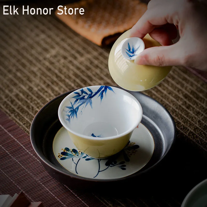 

85ml Boutique Pure Hand-painted Bamboo Hidden Ceramic Tea Tureen Covered Bowl Small Tea Cup Household Kung Fu Tea Maker Gaiwan