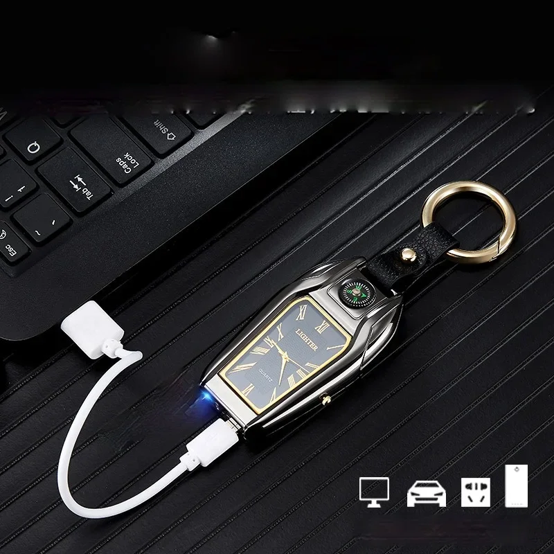 2024 Compass Keychain Watch Arc Lighter Multifunctional Personalized USB Charging Cigarette Lighter Men\'s Birthday Gift