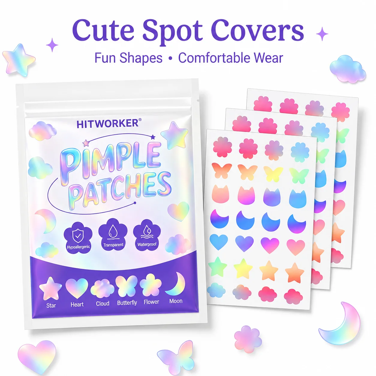 An 84-piece acne patch set featuring 6 different shapes, designed to conceal and treat acne