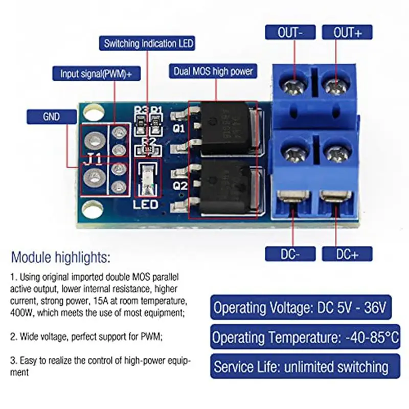 DIGIT-30PCS MOSFET Drive Module DC 5V-36V 15A(Max 30A) 400W Dual High-Power 0-20Khz PWM DC Motor Speed Controller