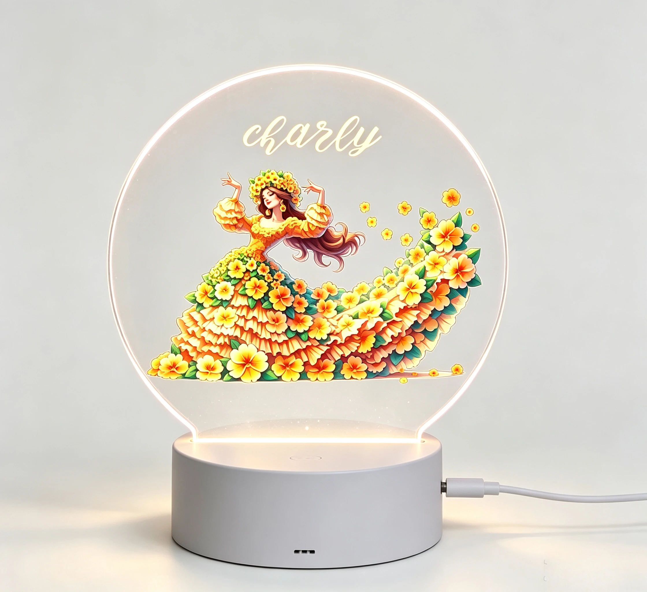 Custom Name LED Acrylic Night Light, Dancing Girl With Yellow Floral Dress Pattern USB Touch Lamp Girls Bedroom Birthday Gift