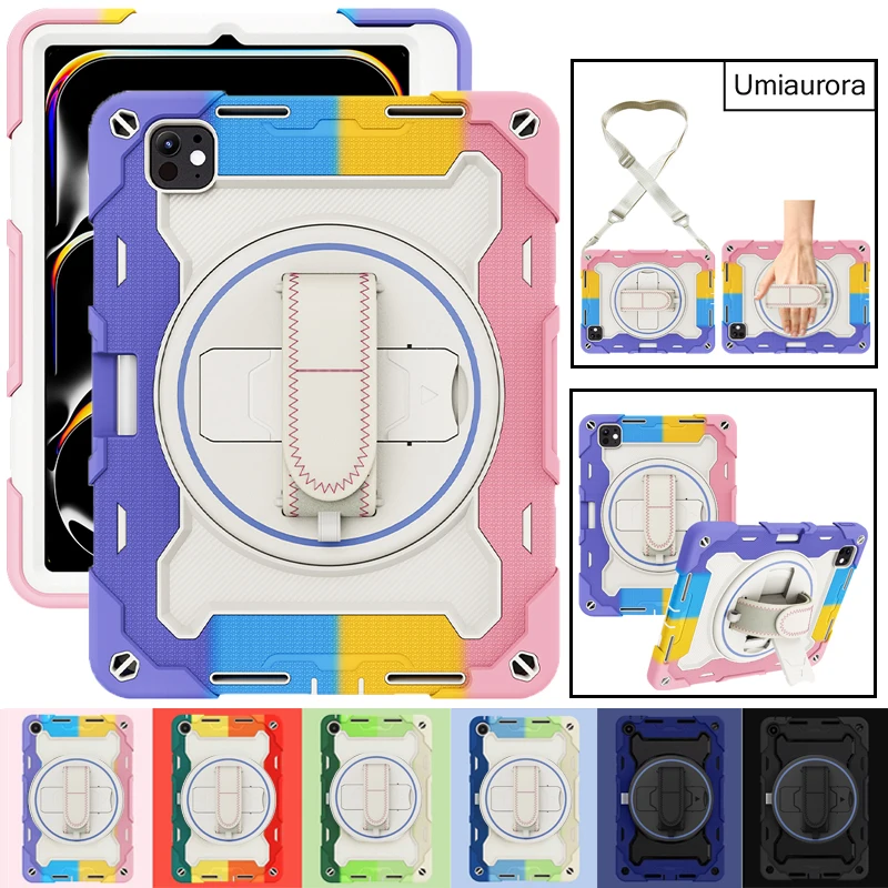 

For IPad 10 11th A16 Mini 8.3" A17 Pro 11 12.9 Air 10.9 13 inch M2 M3 M4 M5 Shockproof Tablet Case Hand Strap Stand Rugged Funda