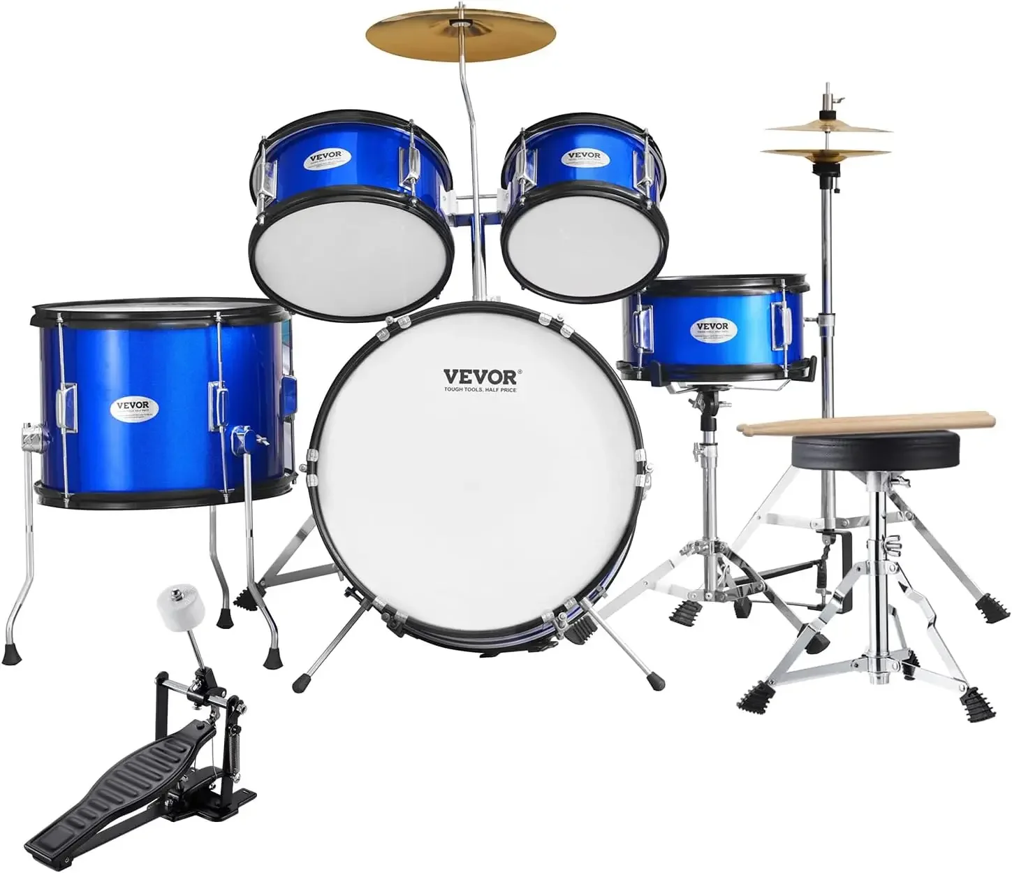 Kids Drum Set, 5-Piece, 16 in Beginner Full Drum Set with Bass Toms Snare Floor Drum Adjustable Throne Cymbal Hi-Hat Pedal