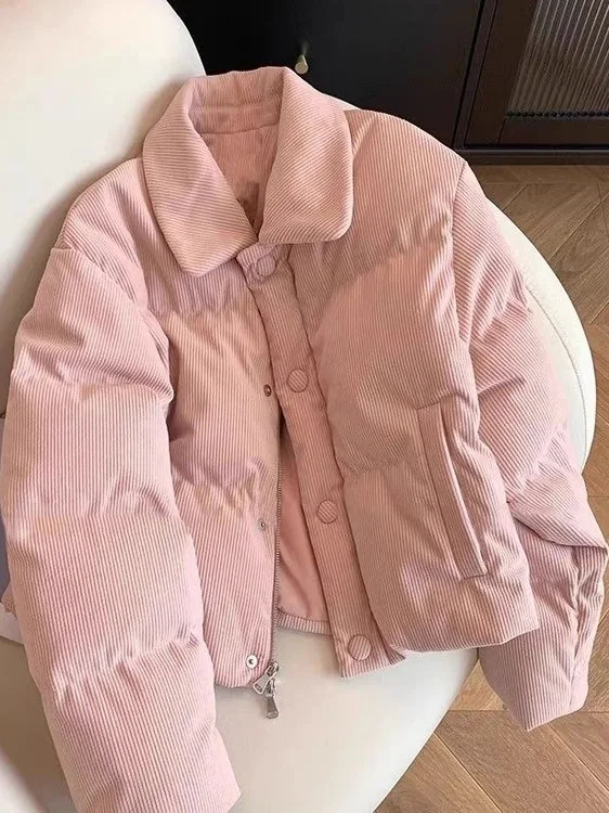 

Loose Fit Pink Corduroy ort Cotton Jaet Korean Sle Women's Outerwear Collar Button up Casual Coat for Autumn Winter