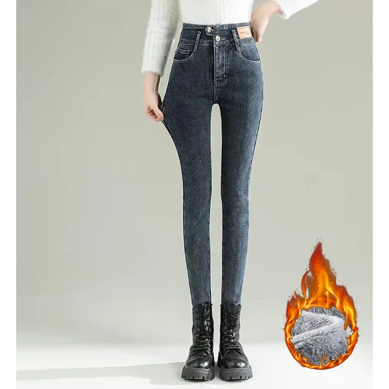 الشتاء الفتيات شيك الكورية مستقيم الساق أفخم الجينز سيدة الموضة عالية الخصر الحرارية سراويل جينز النساء الثلوج الدافئة الصوف السراويل
