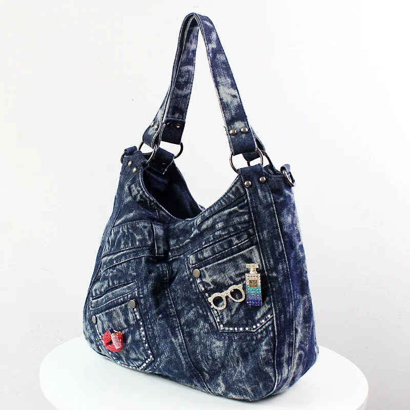 New in Denim Bags for Women Casual Shoulder Crossbody Bag with Diamomd Lip Dec Jeans Handbag Tote Bag