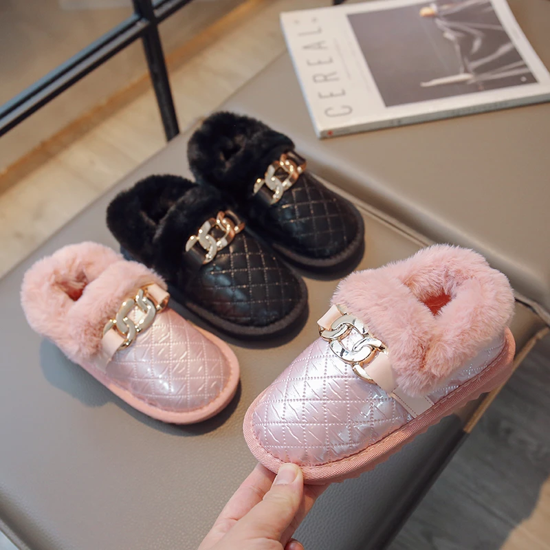 Metallic Buckle Decor Fluffy Loafers Quilted Pattern Soft Sole Platform Shoes Winter Plush Round Toe Snow Shoes