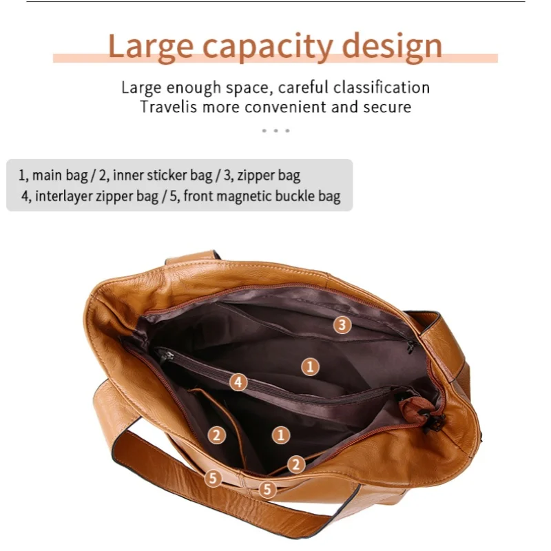 Genuine Leather Large Capacity Vintage Tote Bag For Women, Spacious Casual Shoulder Bag, And multifunctional Style Shopping Bag