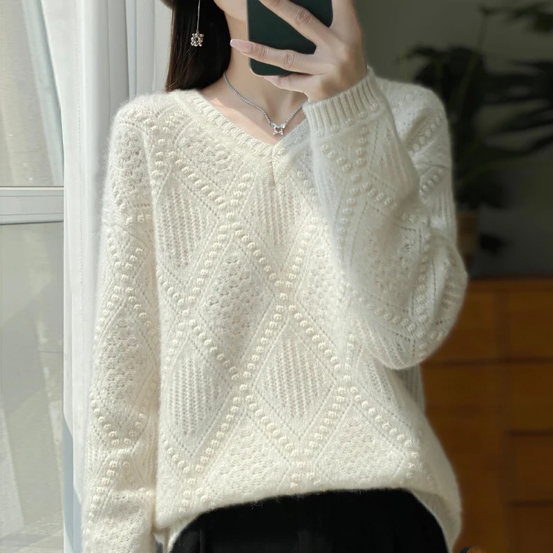 Women 100% Merino Wool Pullover Sweater Autumn Winter Thick Warm Jumper Elegant Cable Knit V–neck Tops Female Versatile Clothes