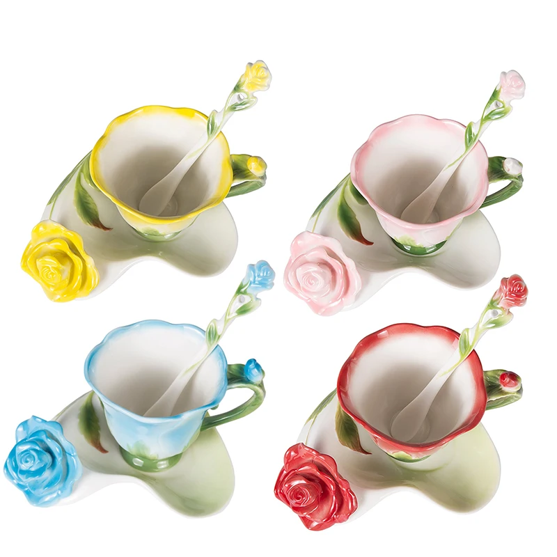 Imagem -03 - Melhor 3d Rosa Forma Flor Esmalte Cerâmica Café Xícara de Chá e Pires Colher de Alta Qualidade Xícara de Porcelana Criativo Valentine Design de Presente