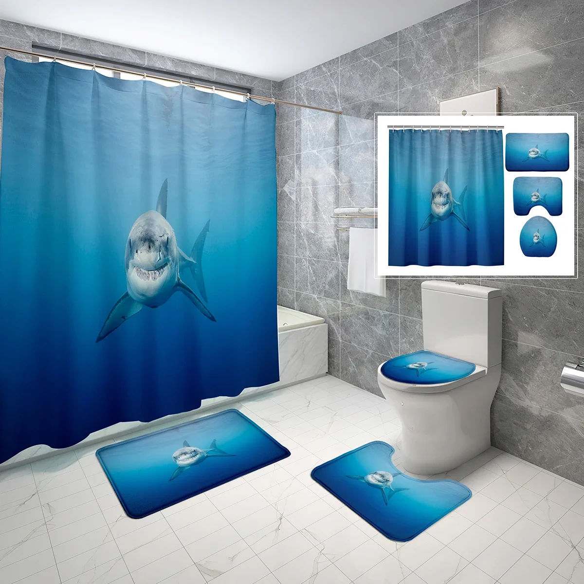 4 PCS Great White Shark Shower Curtain Sets,Deep Sea Marine Life Non-Slip Bath Mat Toilet Cover Bathroom Shower Curtain Set