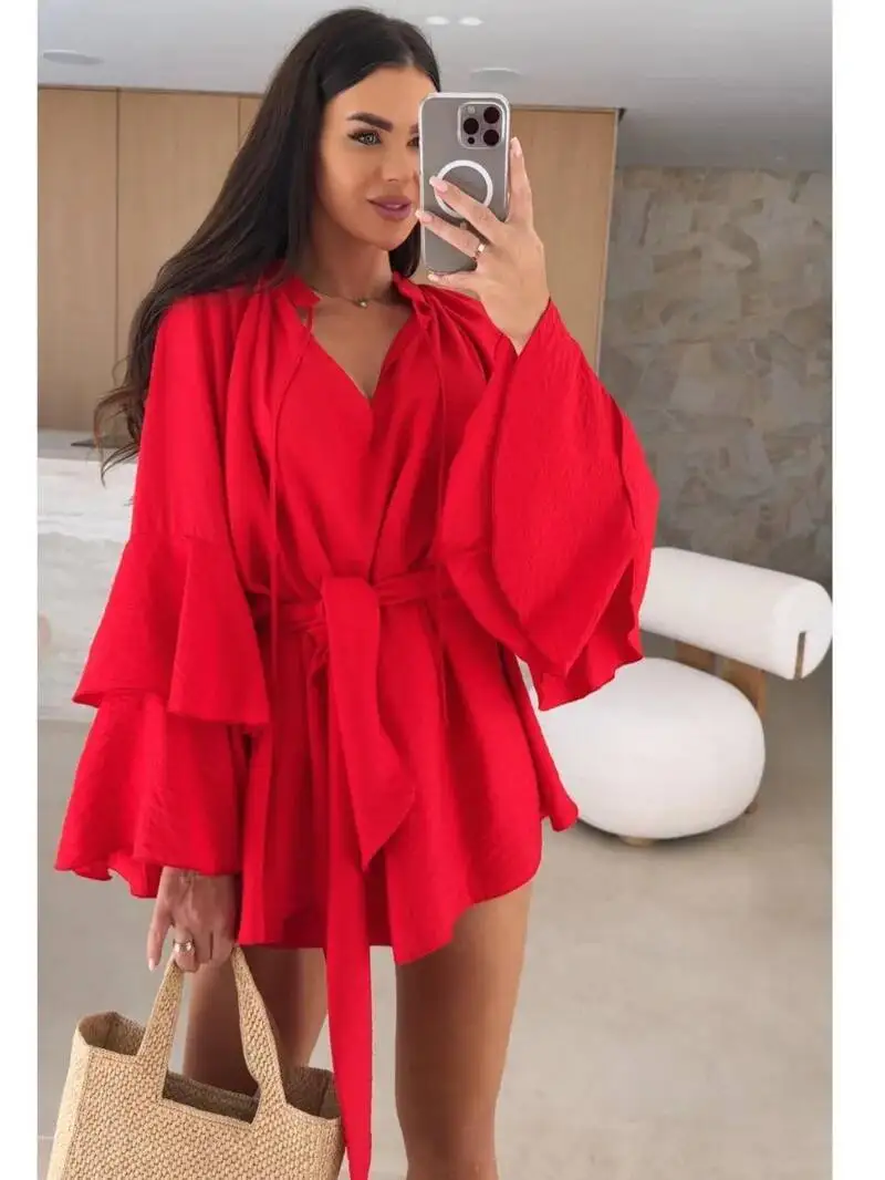 Robe plissée élégante pour femmes, marron, décolleté en v profond, manches longues, Mini, mode printemps été 2021, ample, MH2M