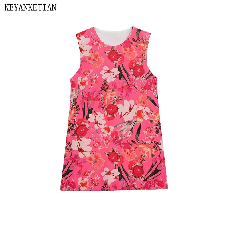 

KEYANKETIAN 2025 Summer New Pastoral style Flower Print Knit Dress Women's Vintage Slim O-Neck Sleeveless A Line Mini Dresses