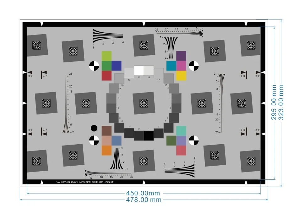 

ISO 12233:2017 (ESFR) Test Chart Reflective 478X323X0.25mm Hyperbolic Wedge-shaped TVline with Spatial Frequency Visual Analysis
