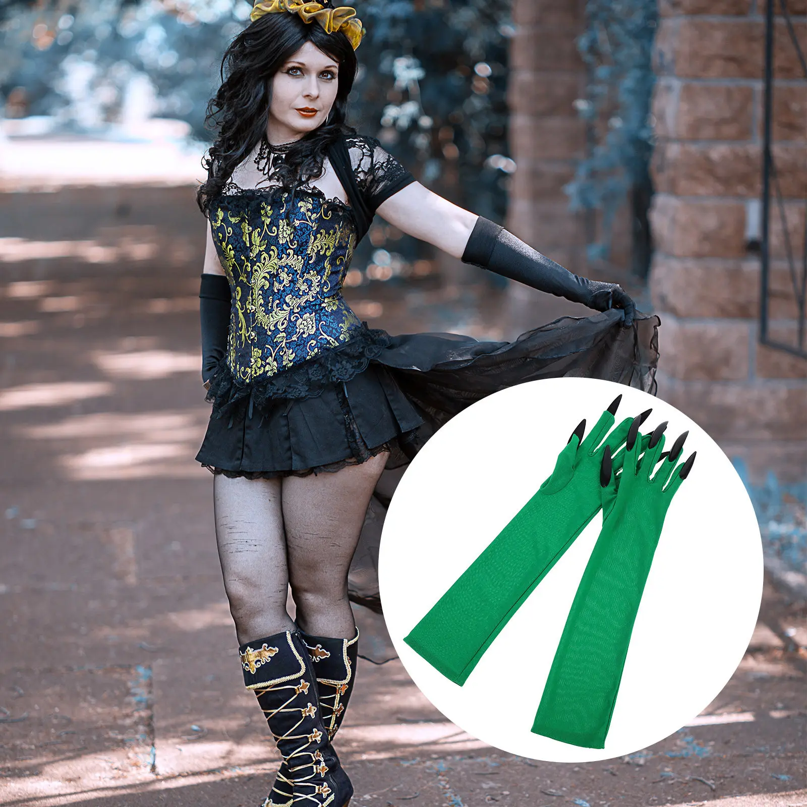 1 คู่ ถุงมือกรงเล็บยาวสีดำ ตกแต่งเล็บสีดำ น่ากลัว สำหรับฮาโลวีน พร้อมปลอกแขนสีเขียว อุปกรณ์เสริมสำหรับชุดแฟนซีสำหรับผู้หญิง