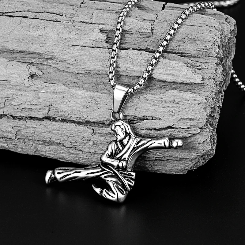 Taekwondo Fighter Titanium Steel Necklace 3D Martial Arts Pendant Adjustable Chain Punk Sport Jewelry For Men Golden Steel Color