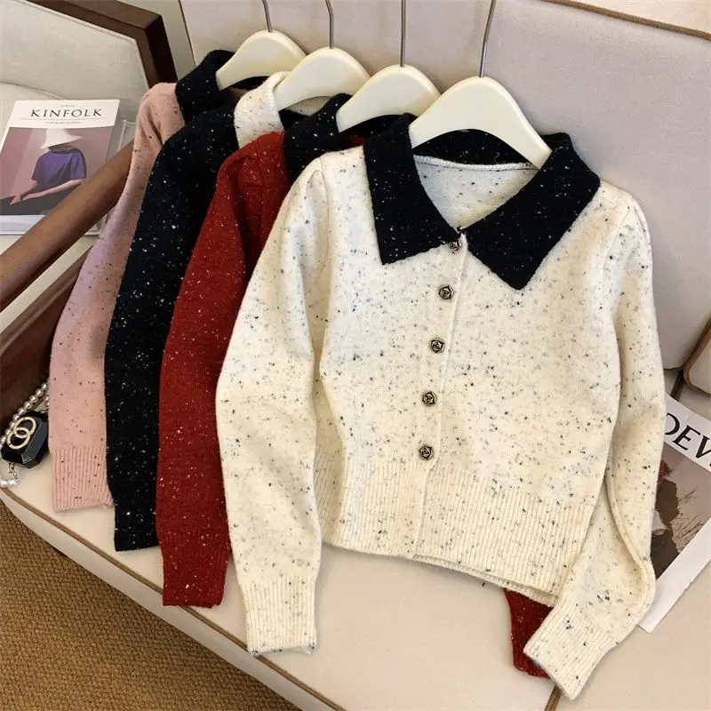 

2024 Women Spring Autumn New Single-breasted Knit Coats Female Contrast Color Lapel Jackets Ladies Loose Sweater Cardigans Z438