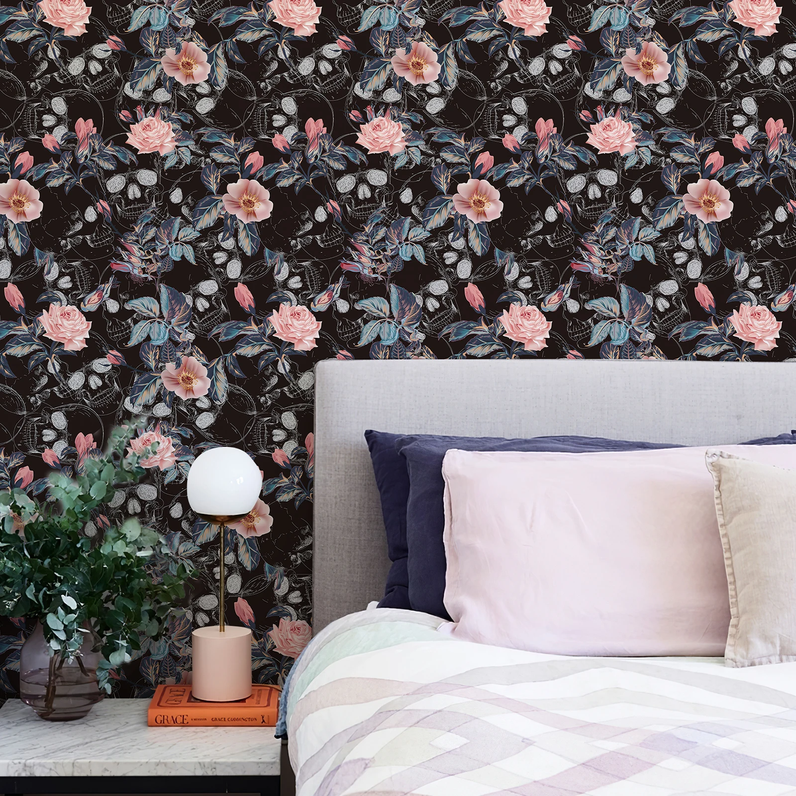 Retro Halloween Skull Rose Wallpaper Waterproof Peel And Stick Festival Wall Contact Paper Chic Pink Flower Cabinet Sticker