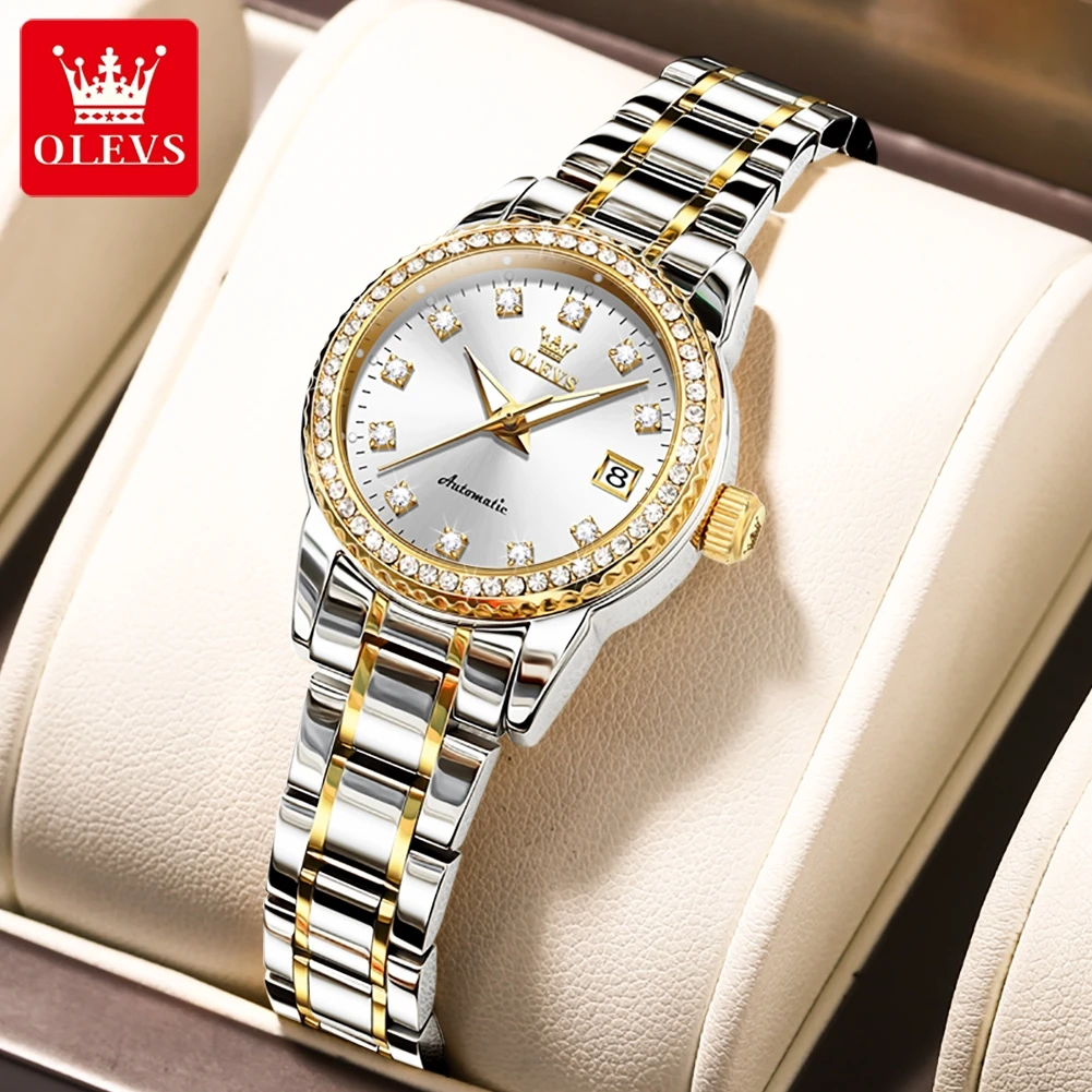 

OLEVS Original New Automatic Mechanical Watch for Women Luxury Diamond Dial Fashion Elegant Ladies Dress Bracelet Wristwatches